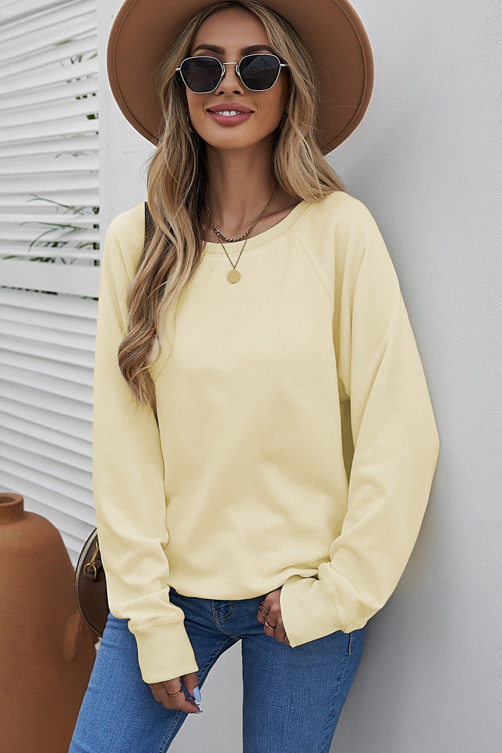 Round Neck Raglan Sleeve Exposed Seam Sweatshirt - SHIRLYN.CO