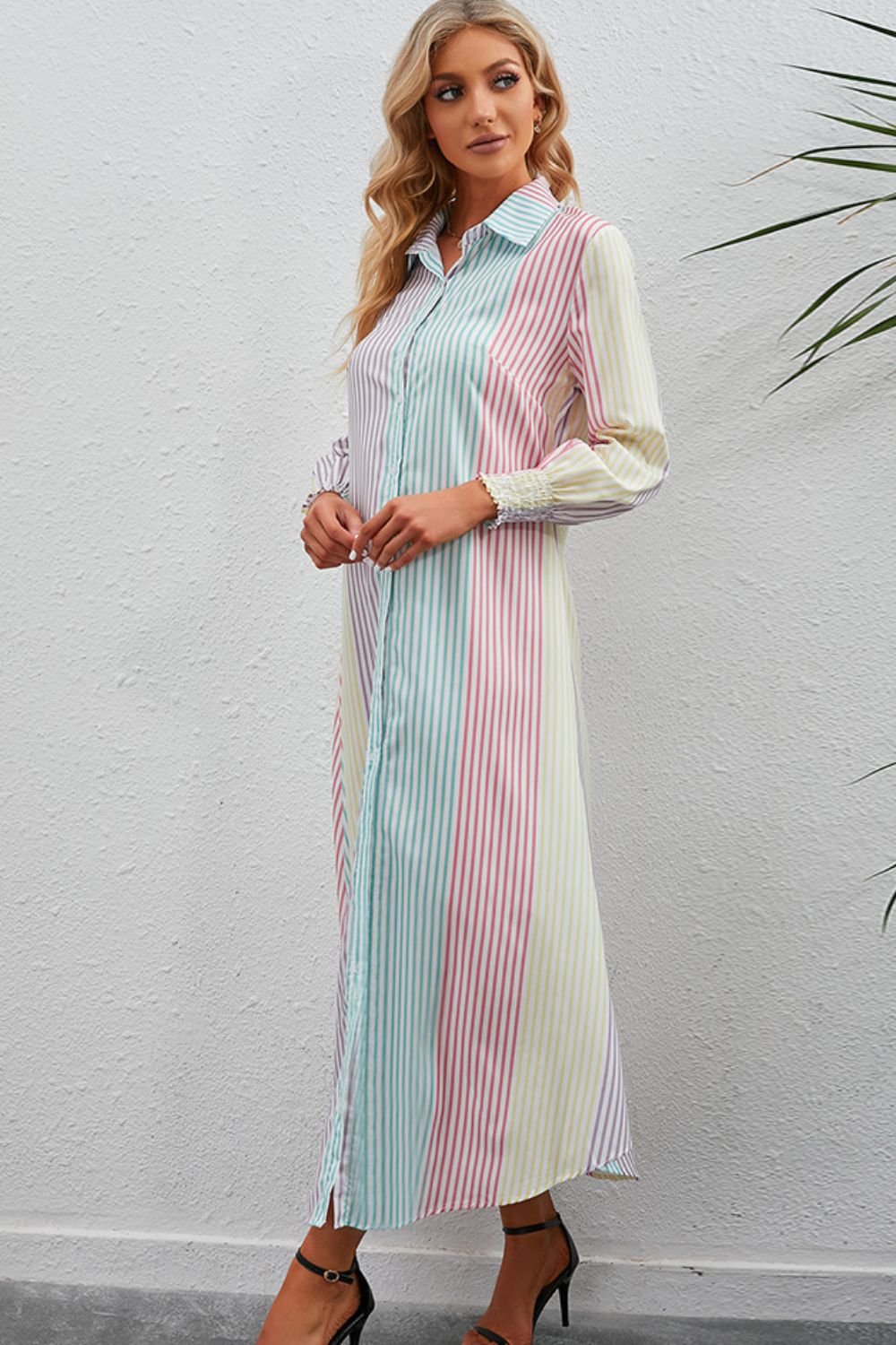 Rainbow Stripe Button-Up Maxi Shirt Dress - SHIRLYN.CO