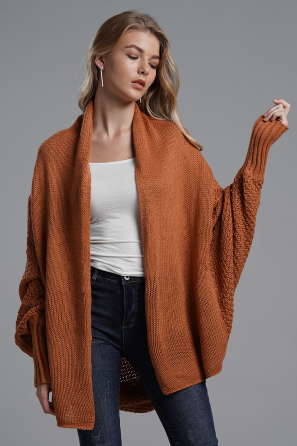 Dolman Sleeve Open Front Ribbed Trim Longline Cardigan - SHIRLYN.CO