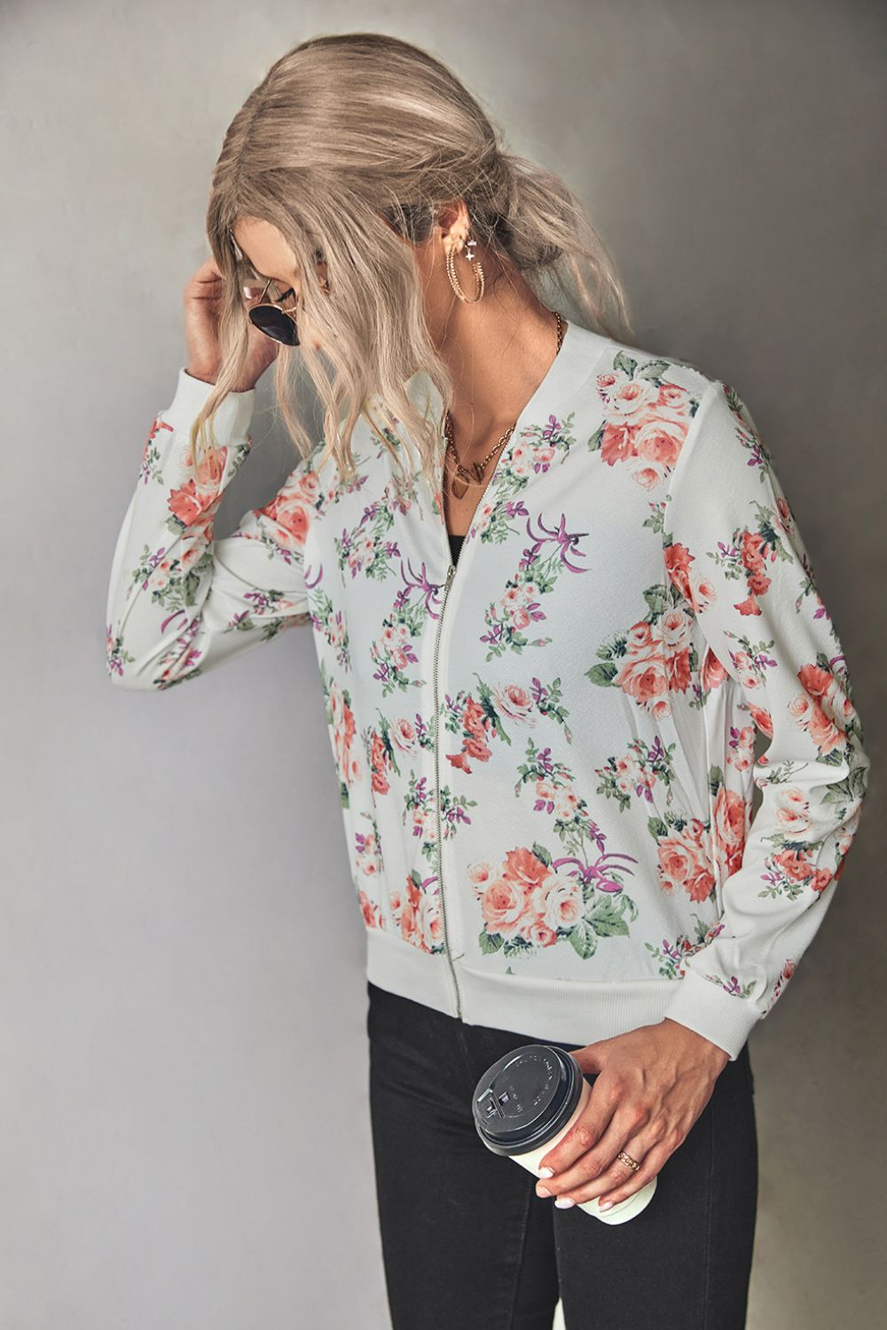 Floral Zip Up Ribbed Trim Bomber Jacket - SHIRLYN.CO