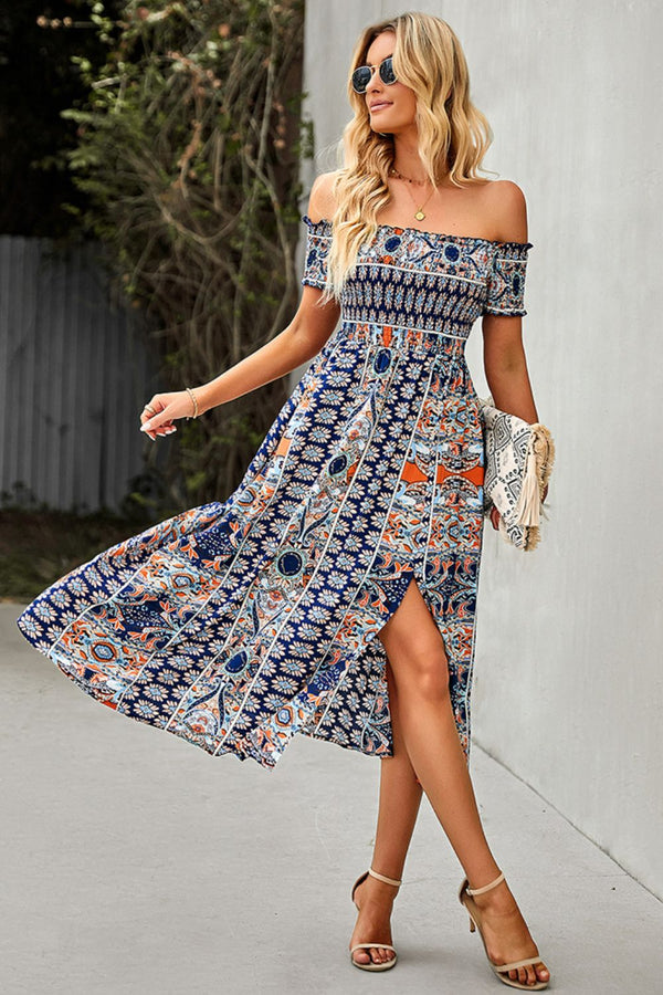 Bohemian Off-Shoulder Frill Trim Split Dress - SHIRLYN.CO