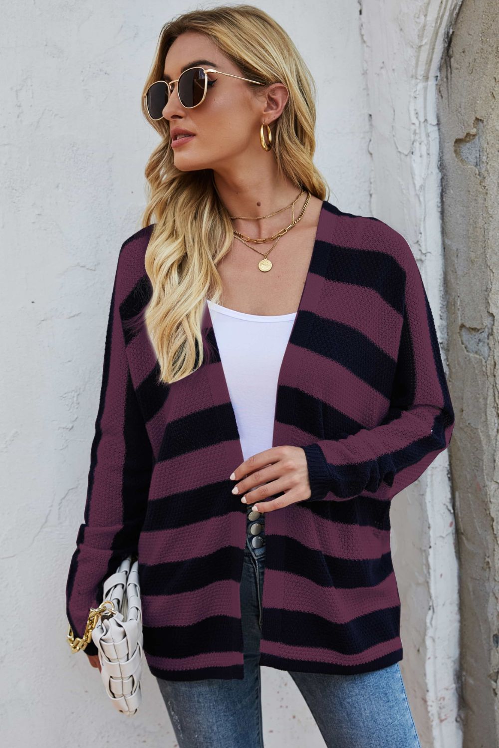 Striped Dolman Sleeve Open Front Cardigan - SHIRLYN.CO