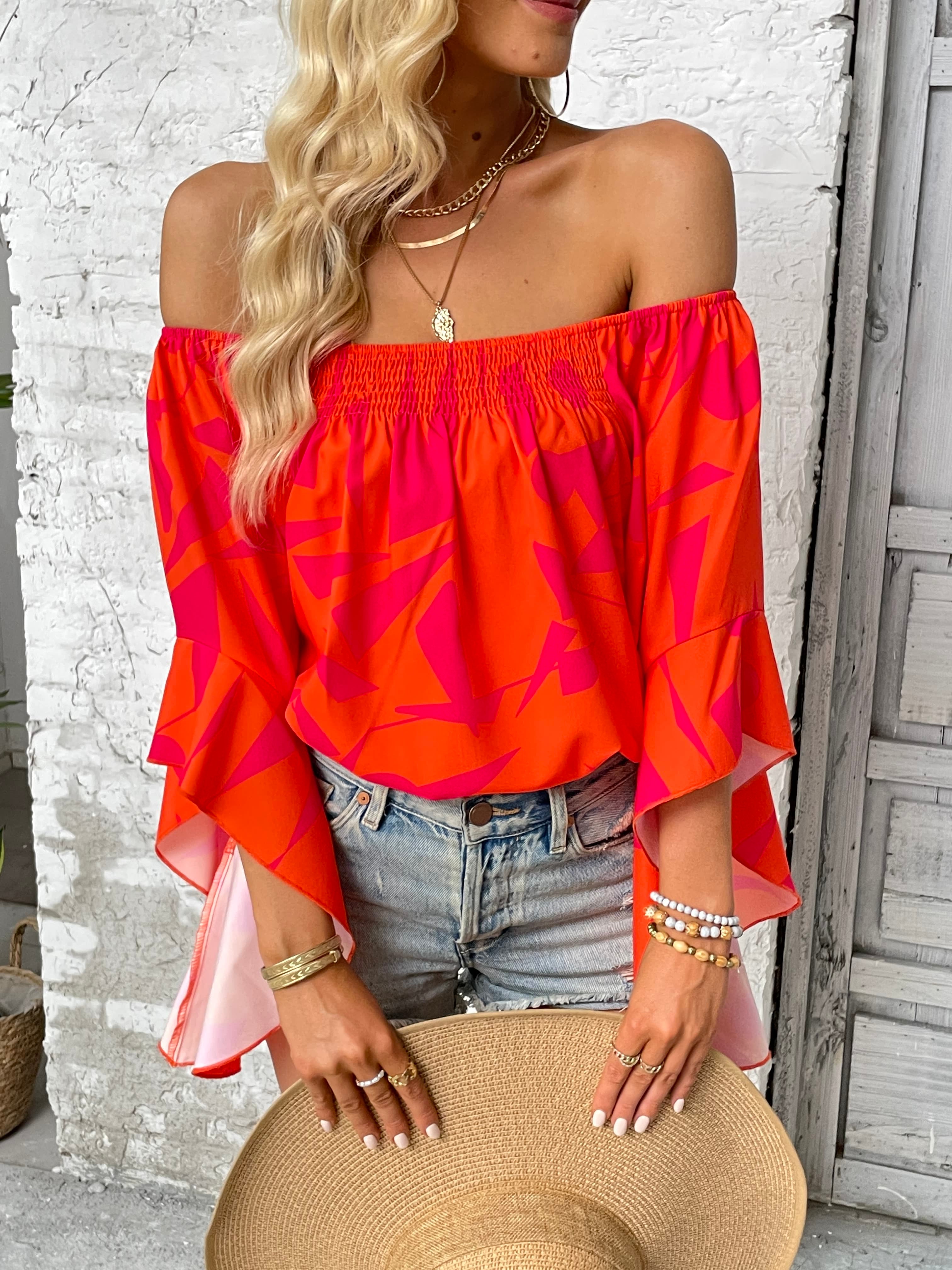 Printed Off-Shoulder Bell Sleeve Blouse - SHIRLYN.CO