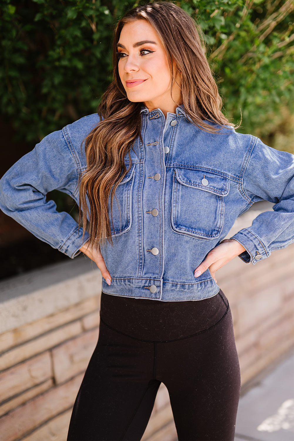 Button Down Collared Neck Denim Jacket - SHIRLYN.CO