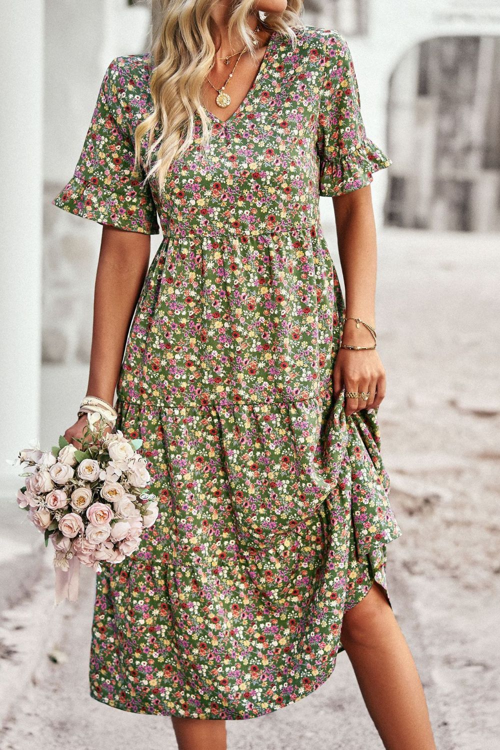 Floral V-Neck Flounce Sleeve Midi Dress - SHIRLYN.CO