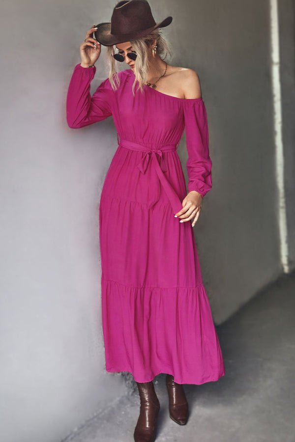 Belted One-Shoulder Tiered Maxi Dress - SHIRLYN.CO