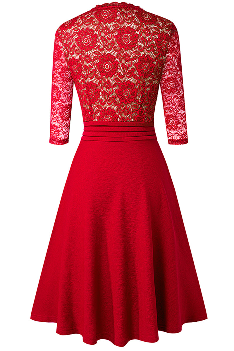 Editor's Choice: Shirlyn's Elegance in Lace: V-Neck Knee-Length Dress with Delicate Details