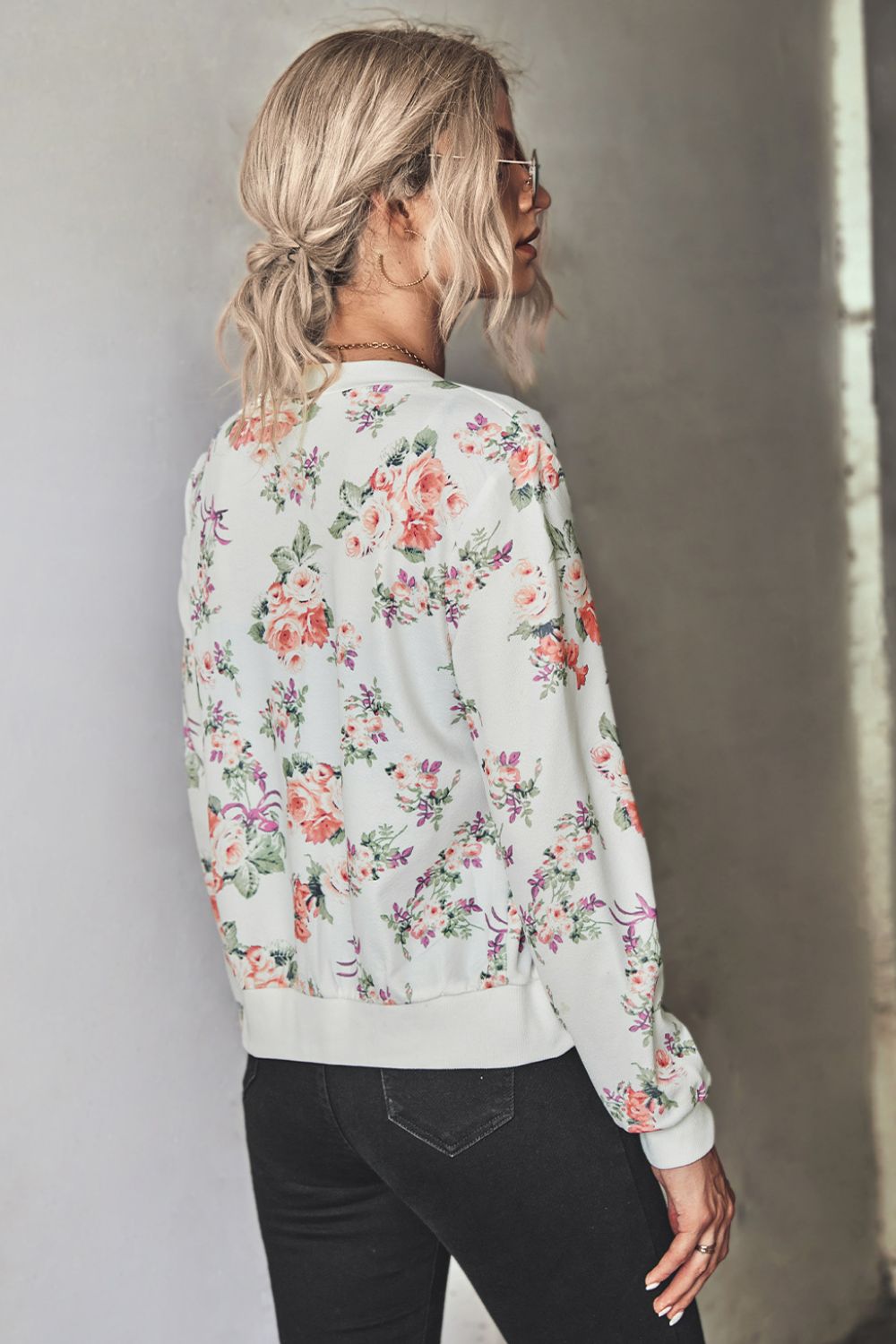 Floral Zip Up Ribbed Trim Bomber Jacket - SHIRLYN.CO