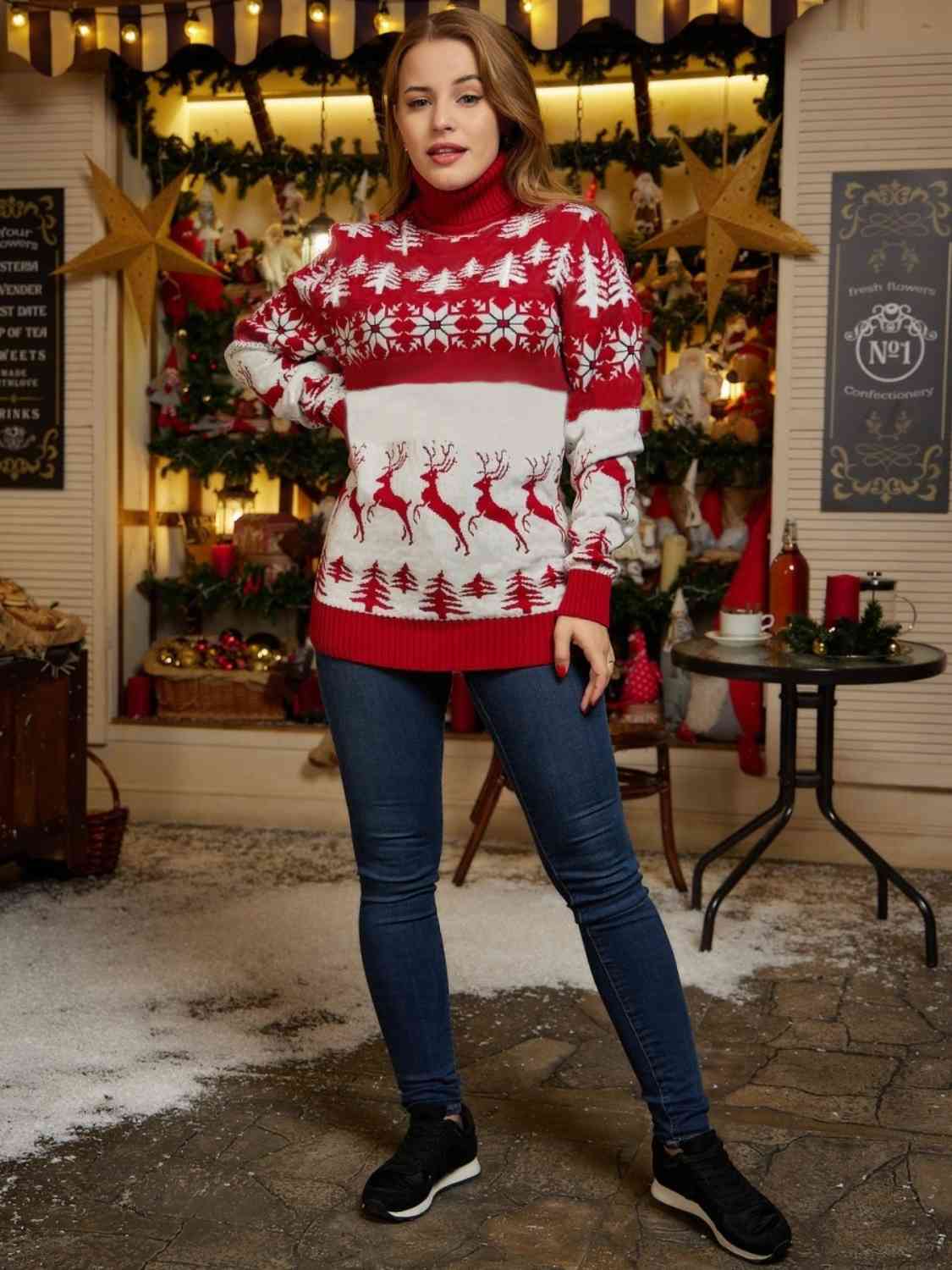 Christmas Turtleneck Ribbed Trim Sweater