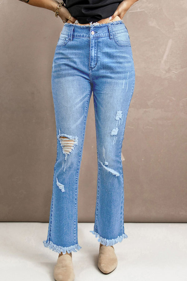 High Waist Distressed Raw Hem Jeans - SHIRLYN.CO