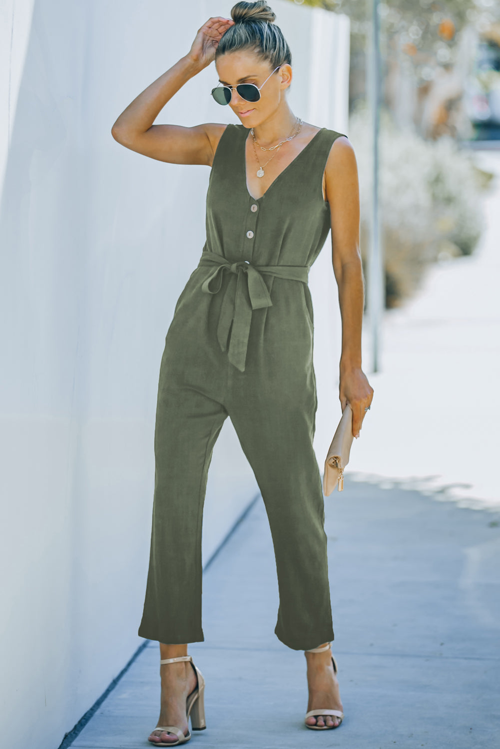 Belted V-Neck Sleeveless Jumpsuit with Pockets - SHIRLYN.CO