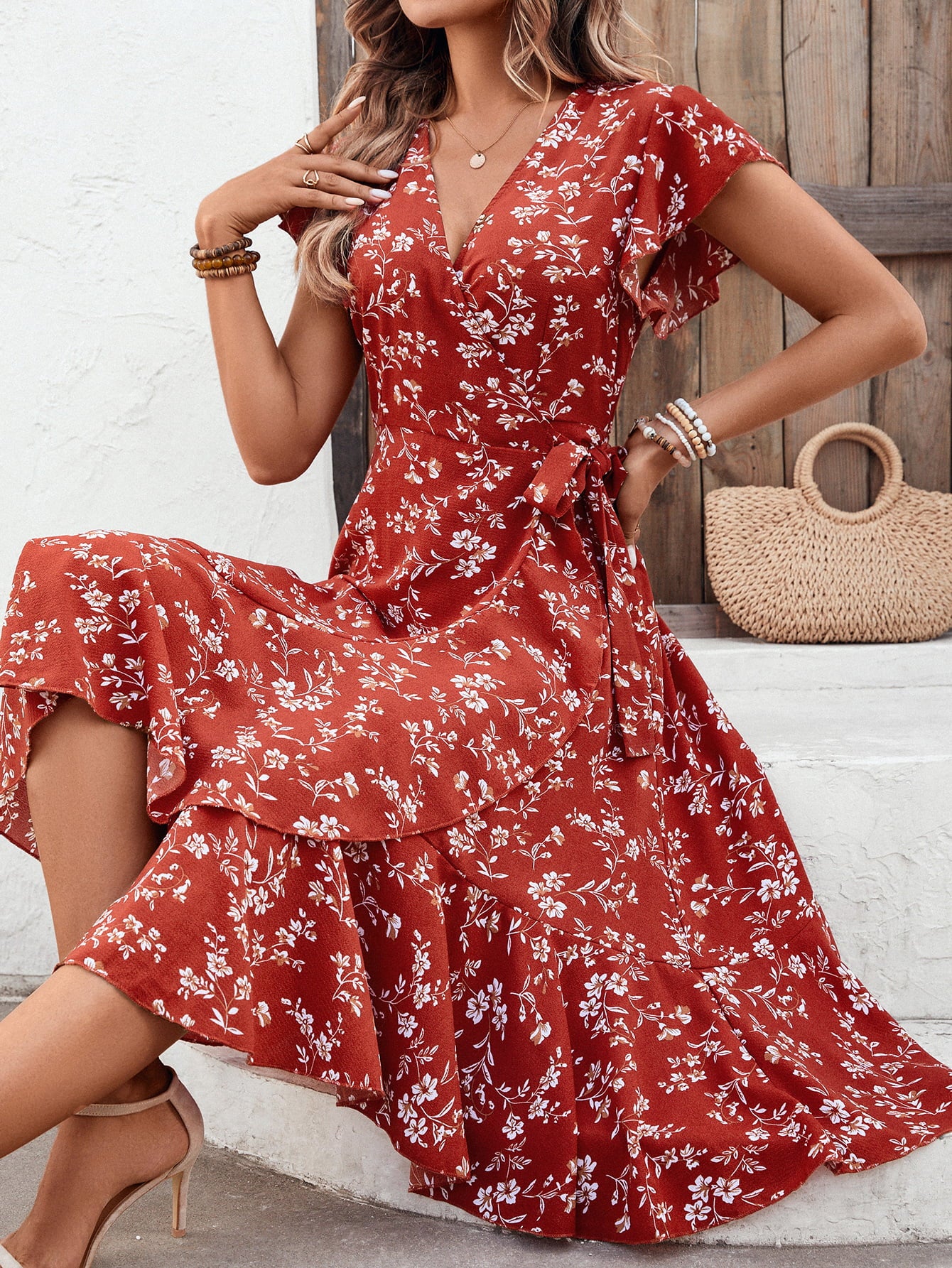 Floral Surplice Neck Flutter Sleeve Dress - SHIRLYN.CO