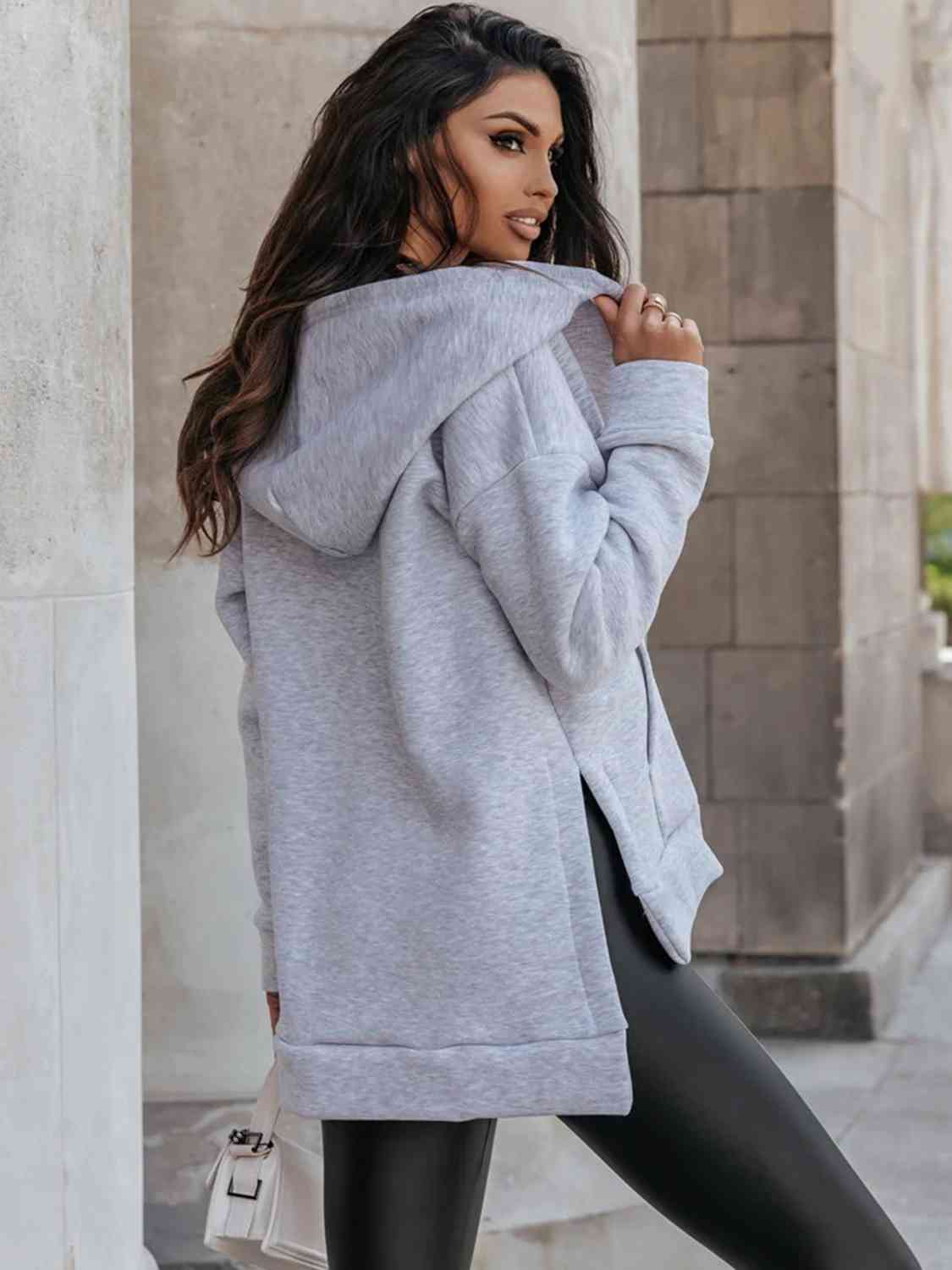 Zip-Up Slit Hoodie with Pockets