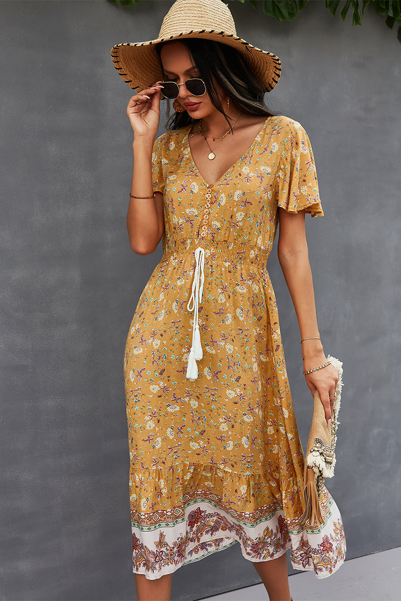 Bohemian V-Neck Flutter Sleeve Dress - SHIRLYN.CO