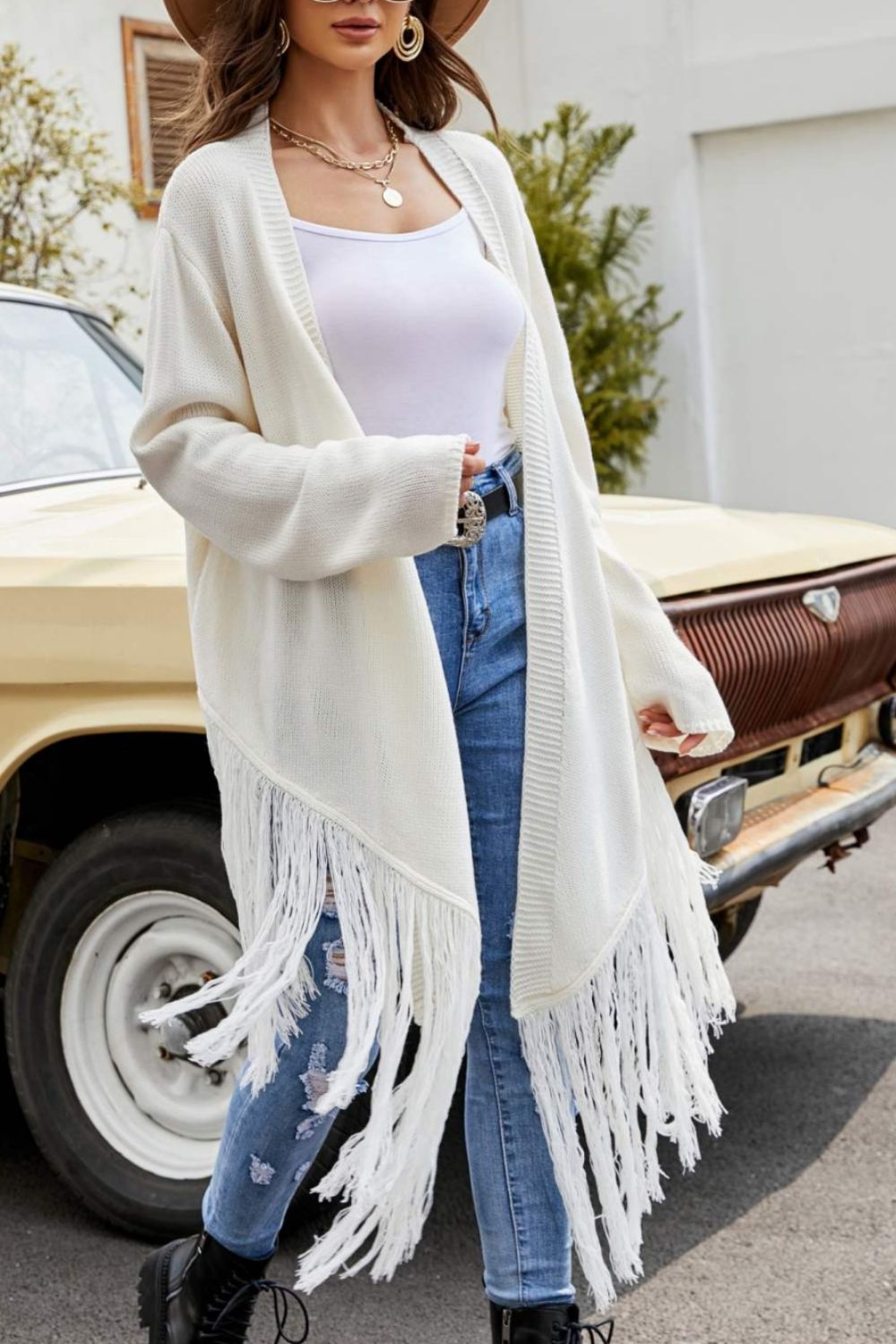 Fringe Hem Open Front Ribbed Trim Cardigan - SHIRLYN.CO