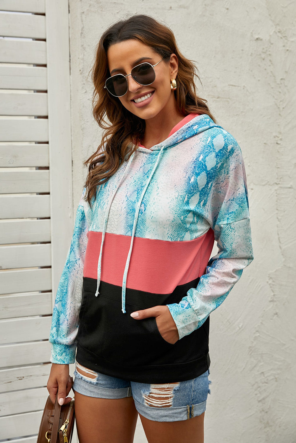 Snake Print Color Block Drawstring Detail Hoodie - SHIRLYN.CO