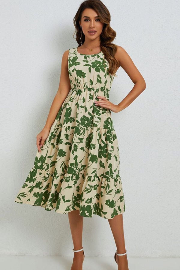 Floral Round Neck Tiered Sleeveless Dress - SHIRLYN.CO