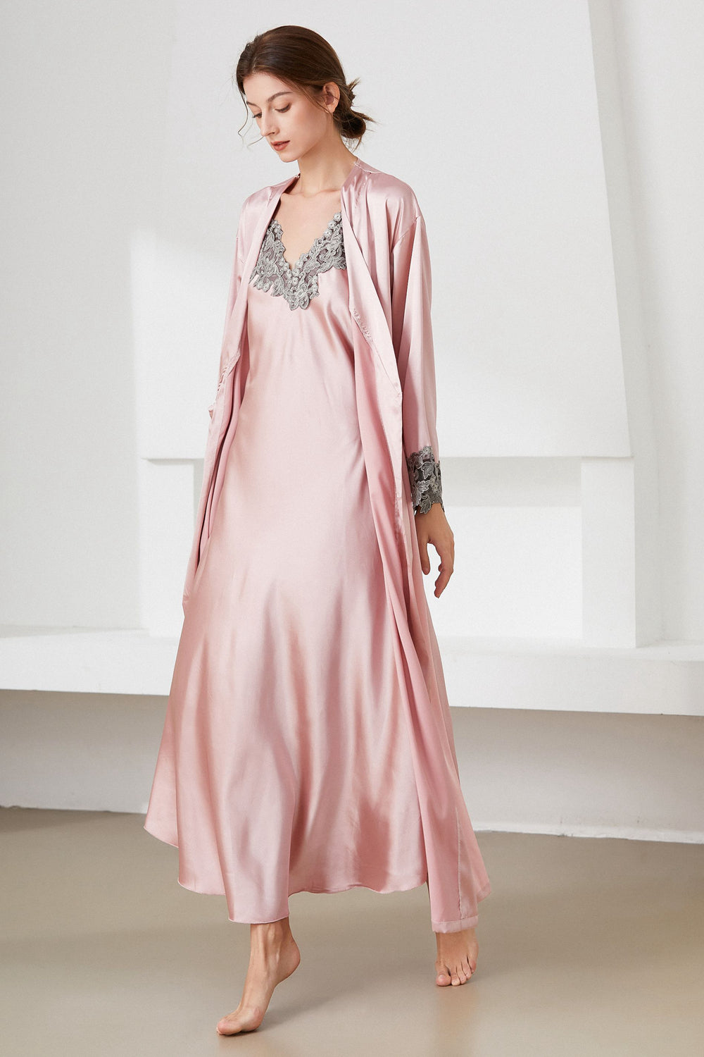 Contrast Lace Trim Satin Night Dress and Robe Set - SHIRLYN.CO