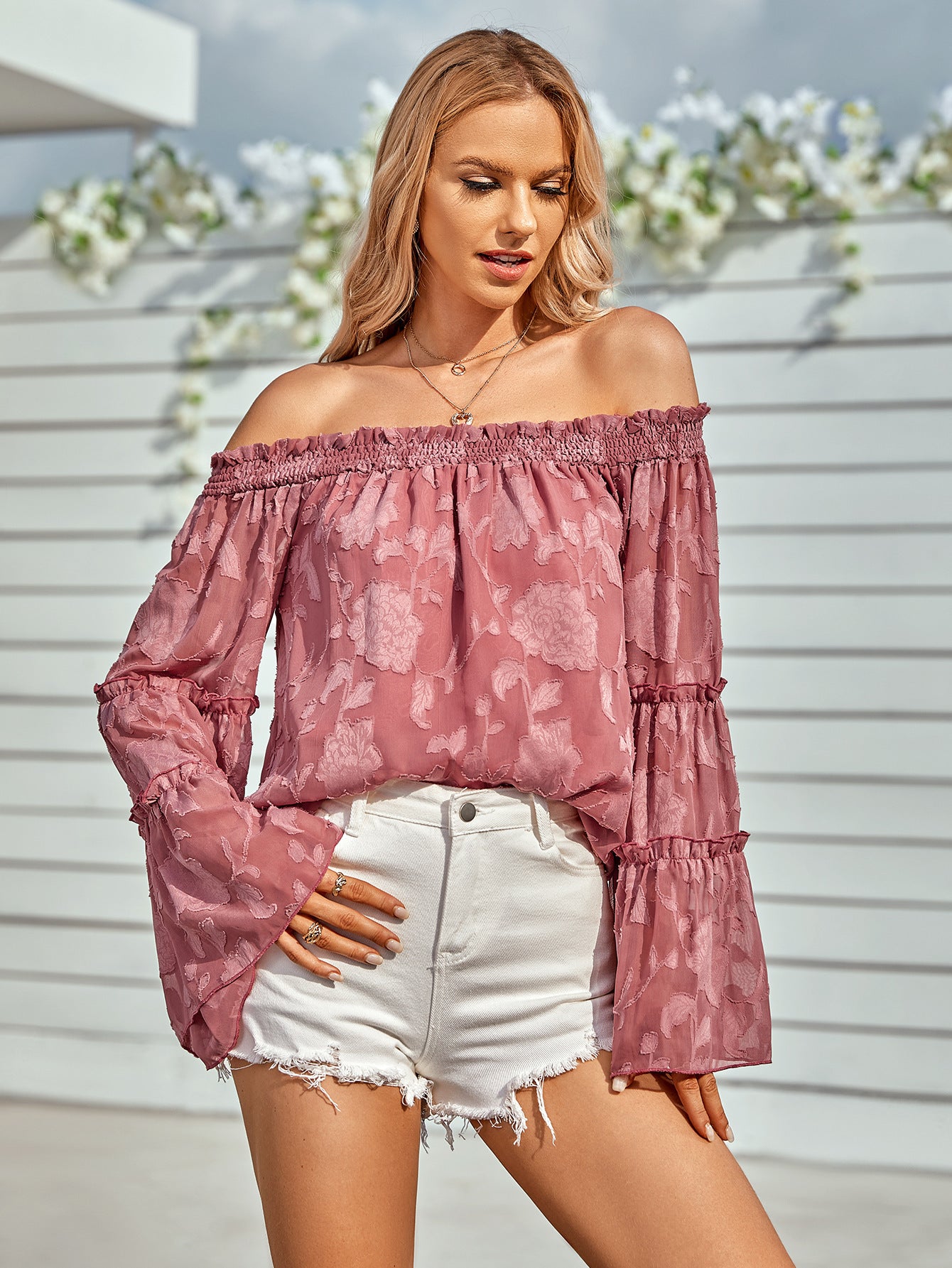 Applique Flounce Sleeve Off-Shoulder Blouse - SHIRLYN.CO