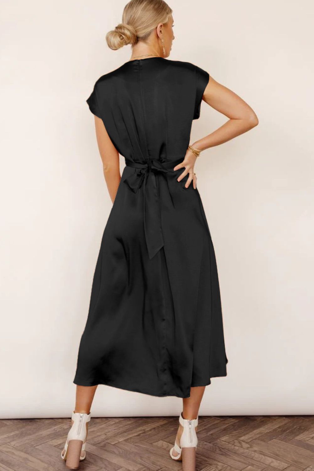 Satin Cap Sleeve Tie Back Midi Dress - SHIRLYN.CO