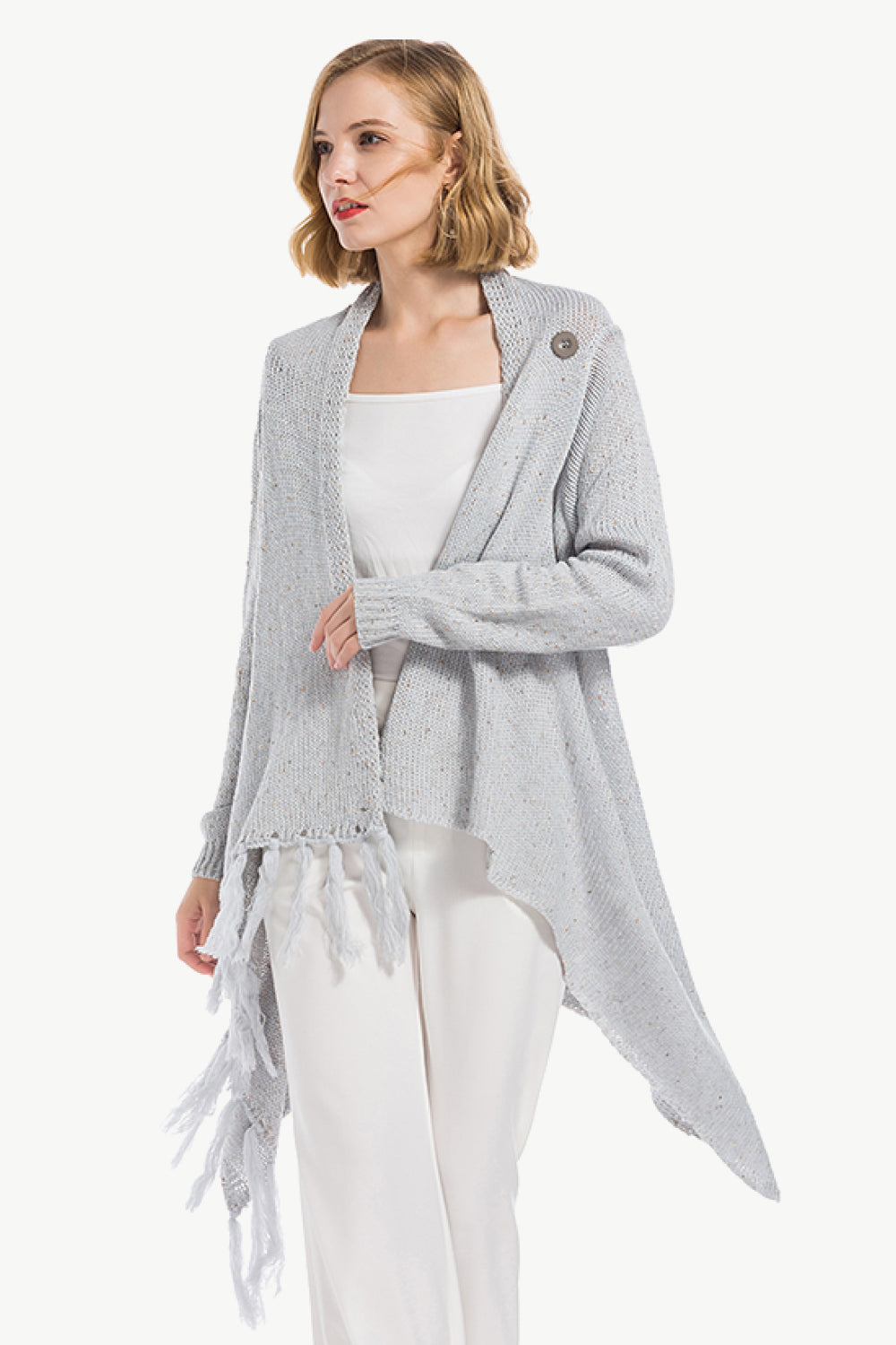 One-Button Tassel Tie Asymmetrical Hem Cardigan - SHIRLYN.CO