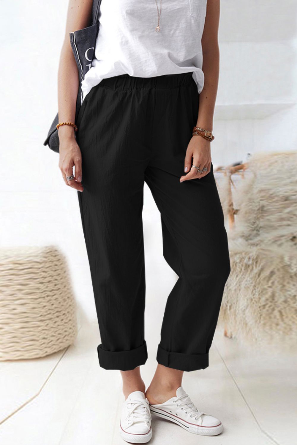 Paperbag Waist Pull-On Pants with Pockets - SHIRLYN.CO