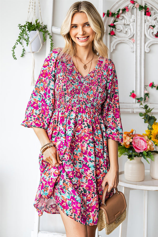 Floral Smocked V-Neck Flounce Sleeve Dress - SHIRLYN.CO