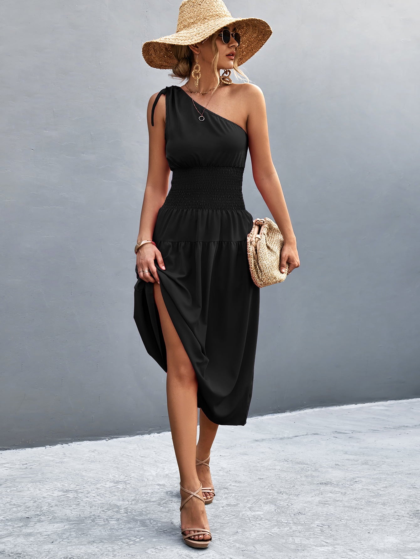 Asymmetrical One Shoulder Smocked Waist Midi Dress - SHIRLYN.CO