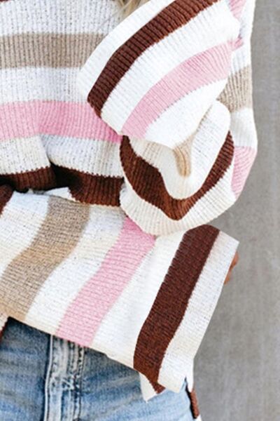 Striped Slit Round Neck Dropped Shoulder Sweater