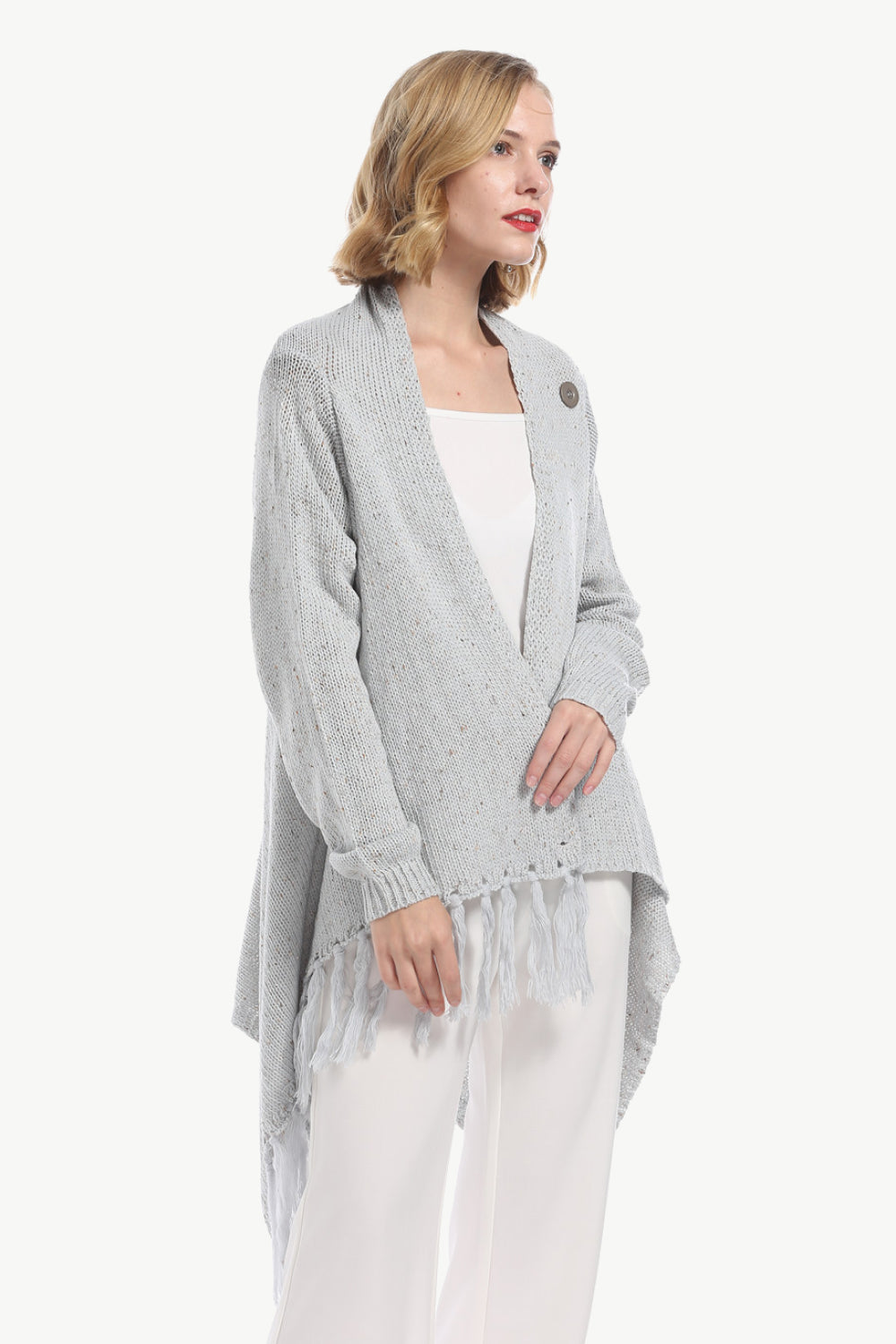 One-Button Tassel Tie Asymmetrical Hem Cardigan - SHIRLYN.CO