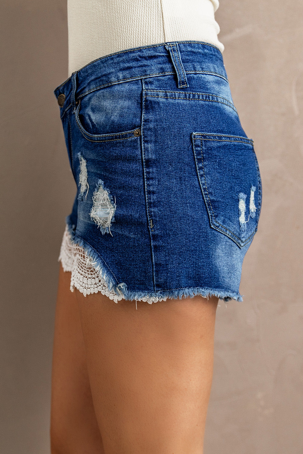Spliced Lace Distressed Denim Shorts - SHIRLYN.CO