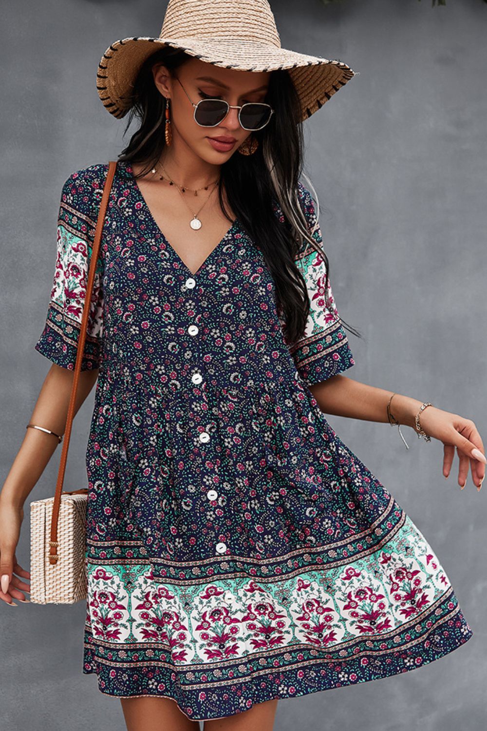 Bohemian V-Neck Half Sleeve Dress