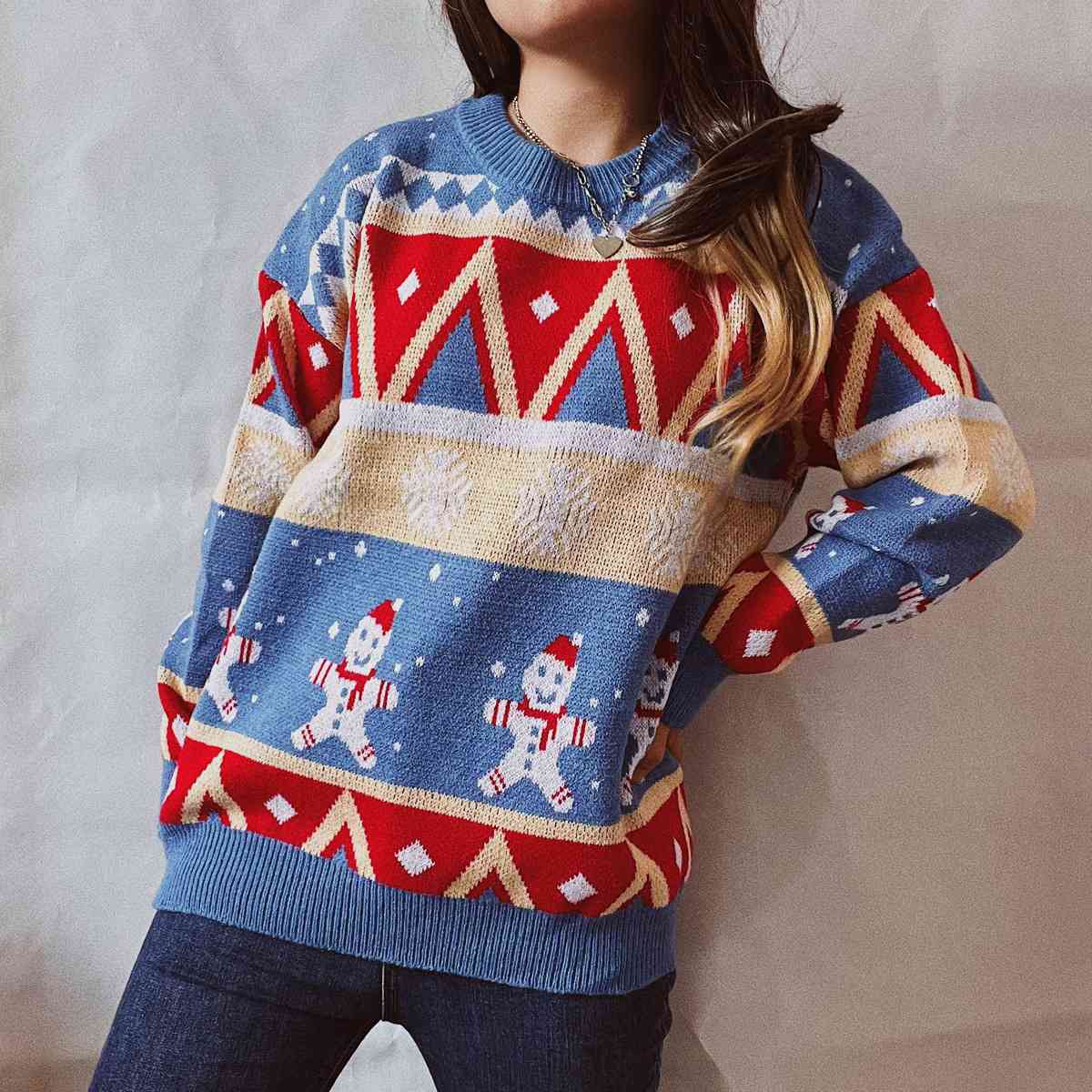 Printed Round Neck Long Sleeve Sweater