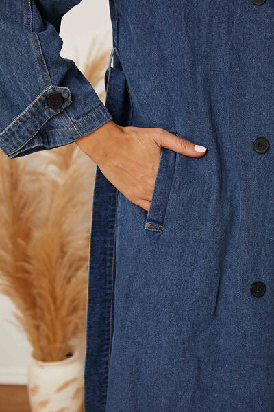 Double-Breasted Belted Longline Denim Jacket