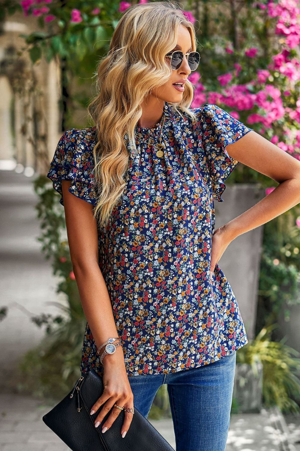 Floral Round Neck Flutter Sleeve Blouse - SHIRLYN.CO