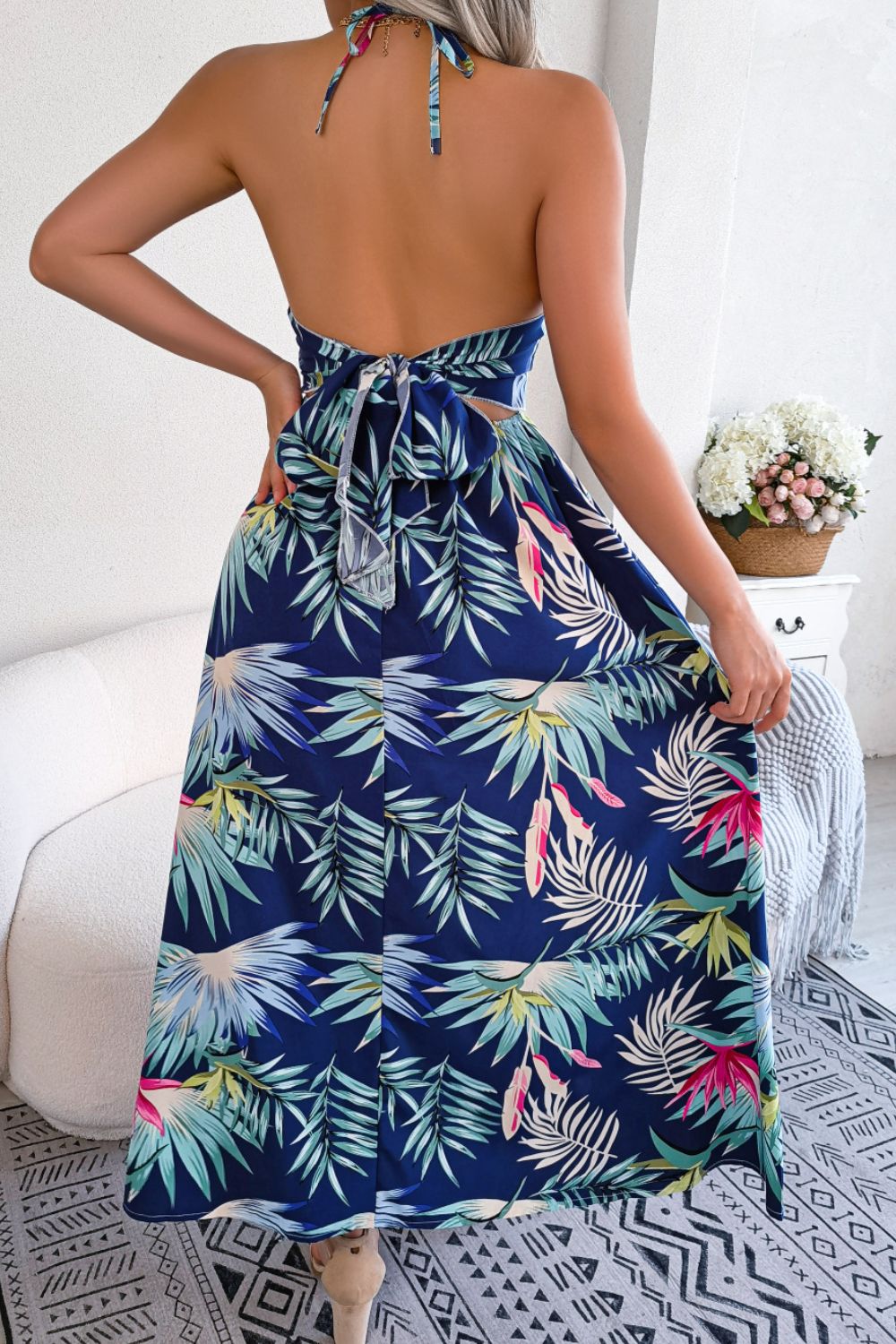 Botanical Print Tied Backless Cutout Slit Dress - SHIRLYN.CO