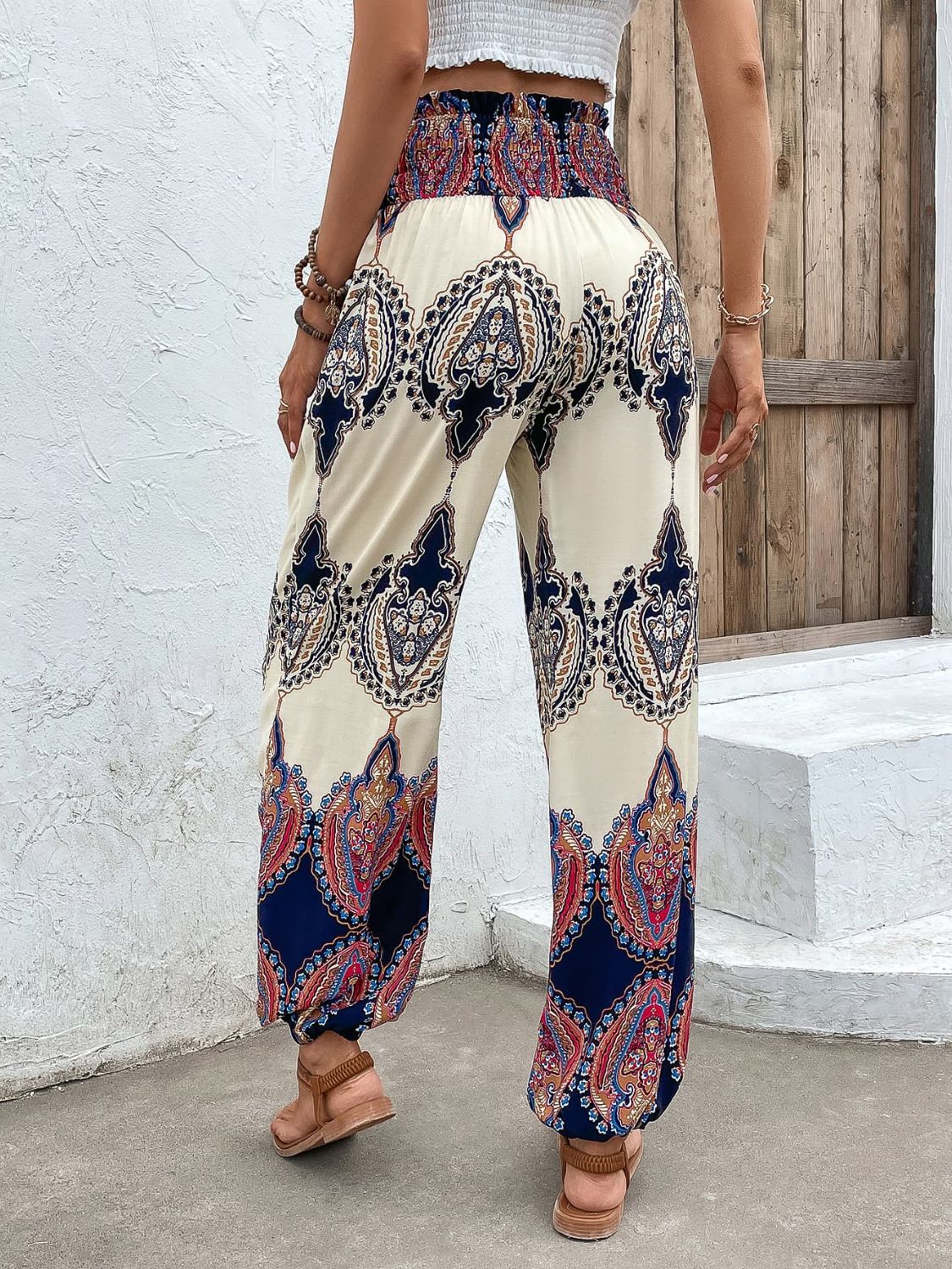 Printed Smocked High Waist Pants - SHIRLYN.CO