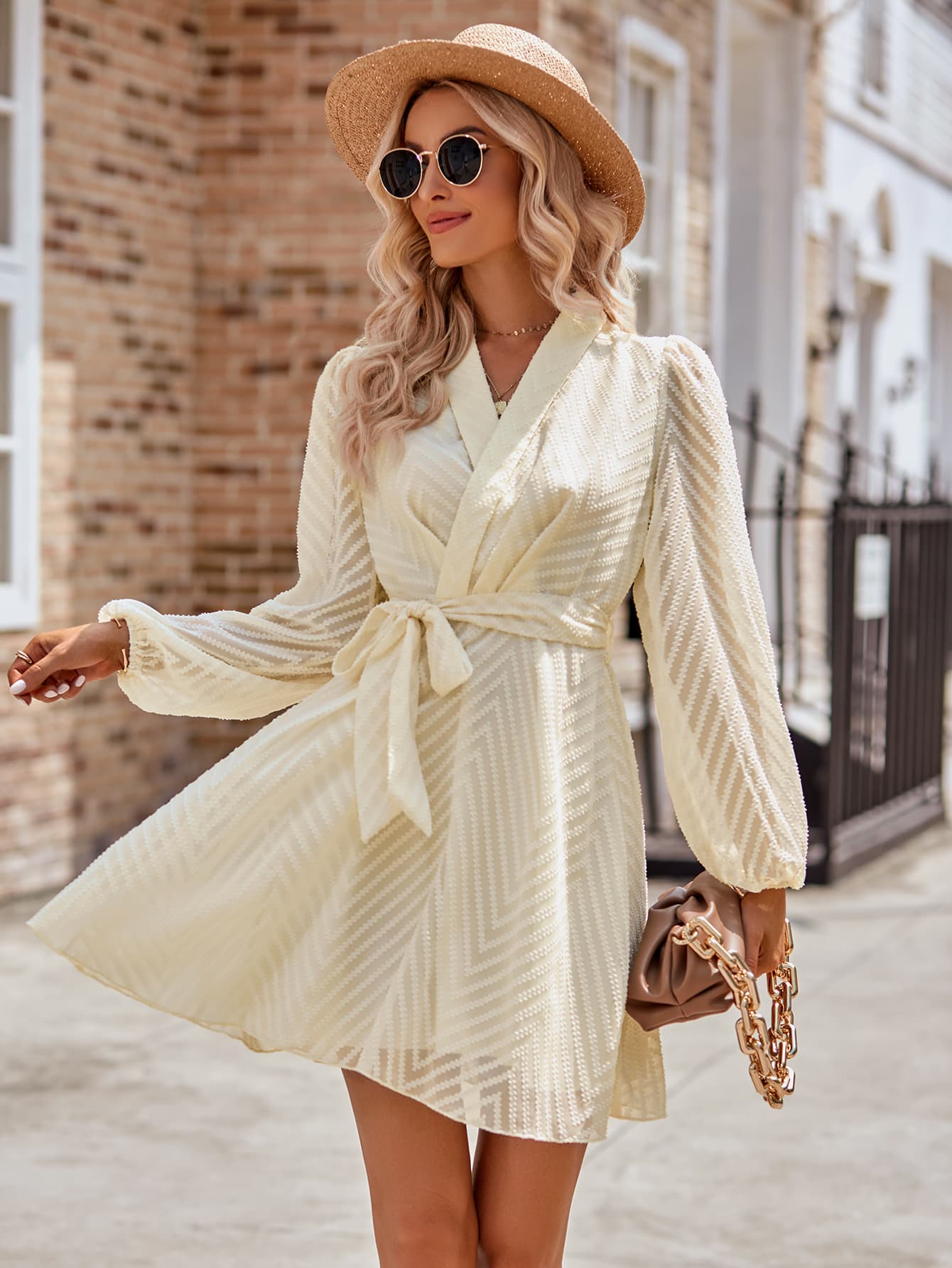 Belted Surplice Neck Long Sleeve Mini Dress - SHIRLYN.CO