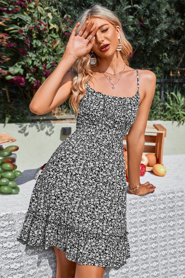 Floral Crisscross Spaghetti Strap Tie Back Dress - SHIRLYN.CO