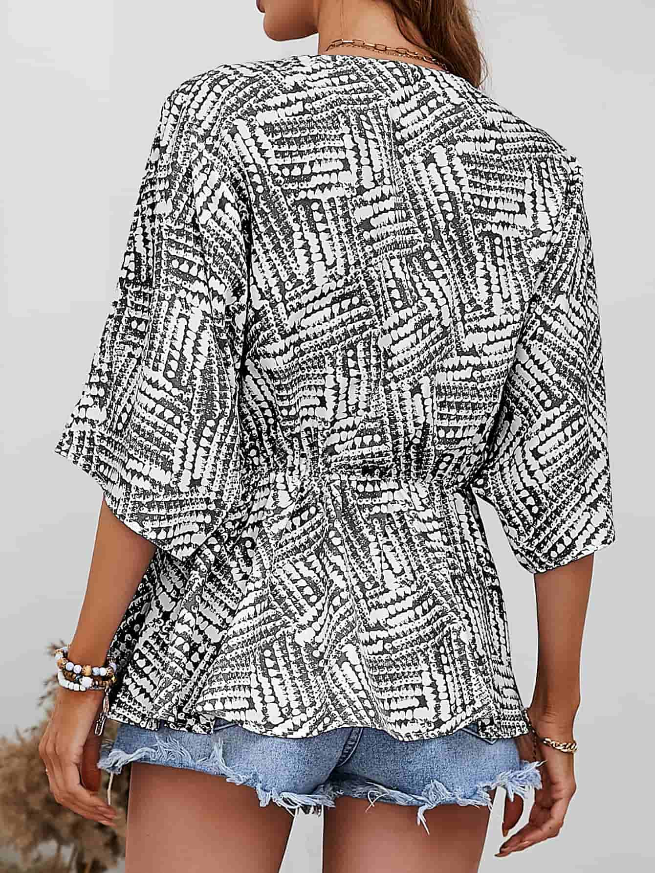 Printed V-Neck Dolman Sleeve Blouse - SHIRLYN.CO