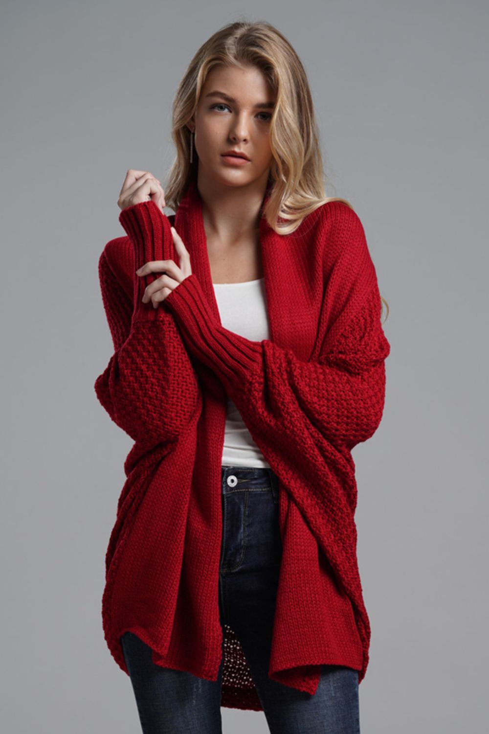 Dolman Sleeve Open Front Ribbed Trim Longline Cardigan - SHIRLYN.CO