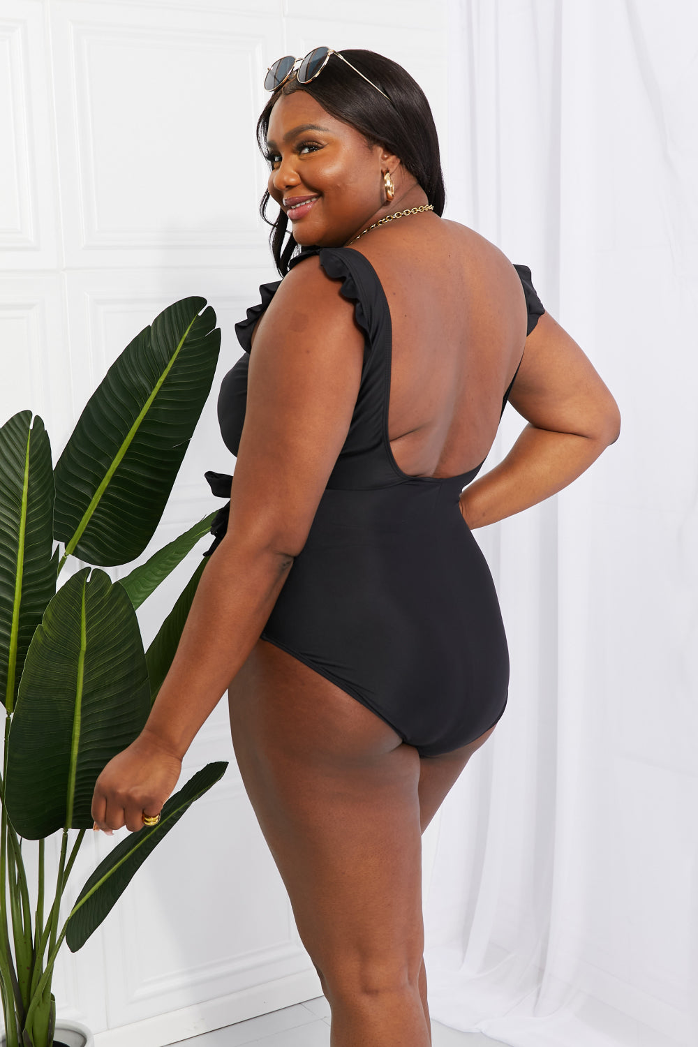 Marina West Swim Full Size Float On Ruffle Faux Wrap One-Piece in Black - SHIRLYN.CO