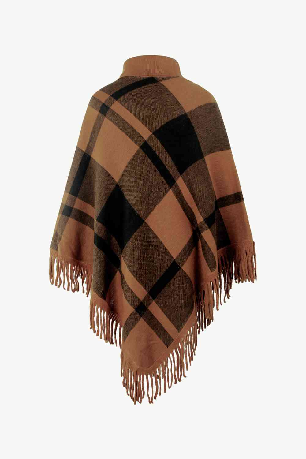 Plaid Turtleneck Fringe Hem Poncho