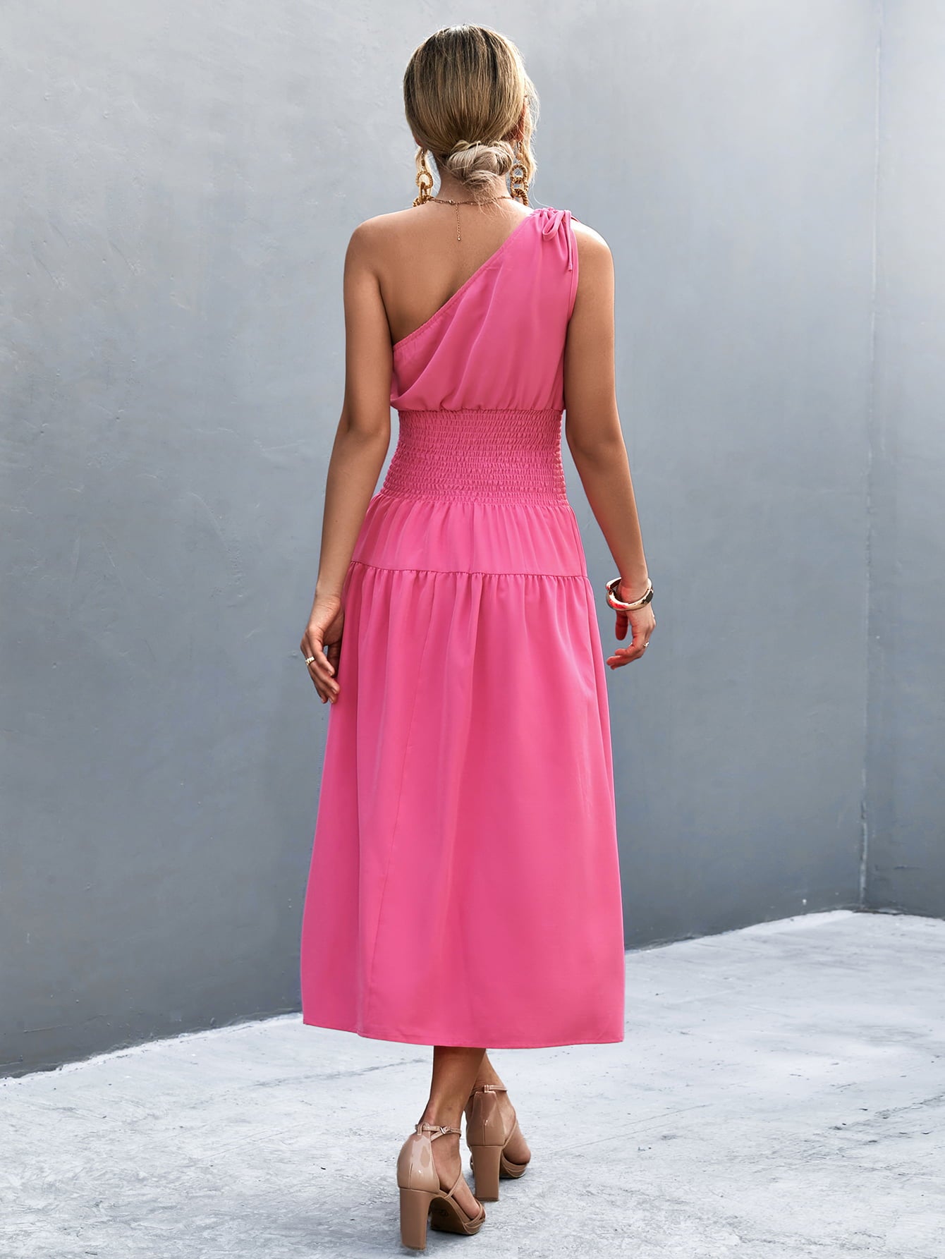 Asymmetrical One Shoulder Smocked Waist Midi Dress - SHIRLYN.CO