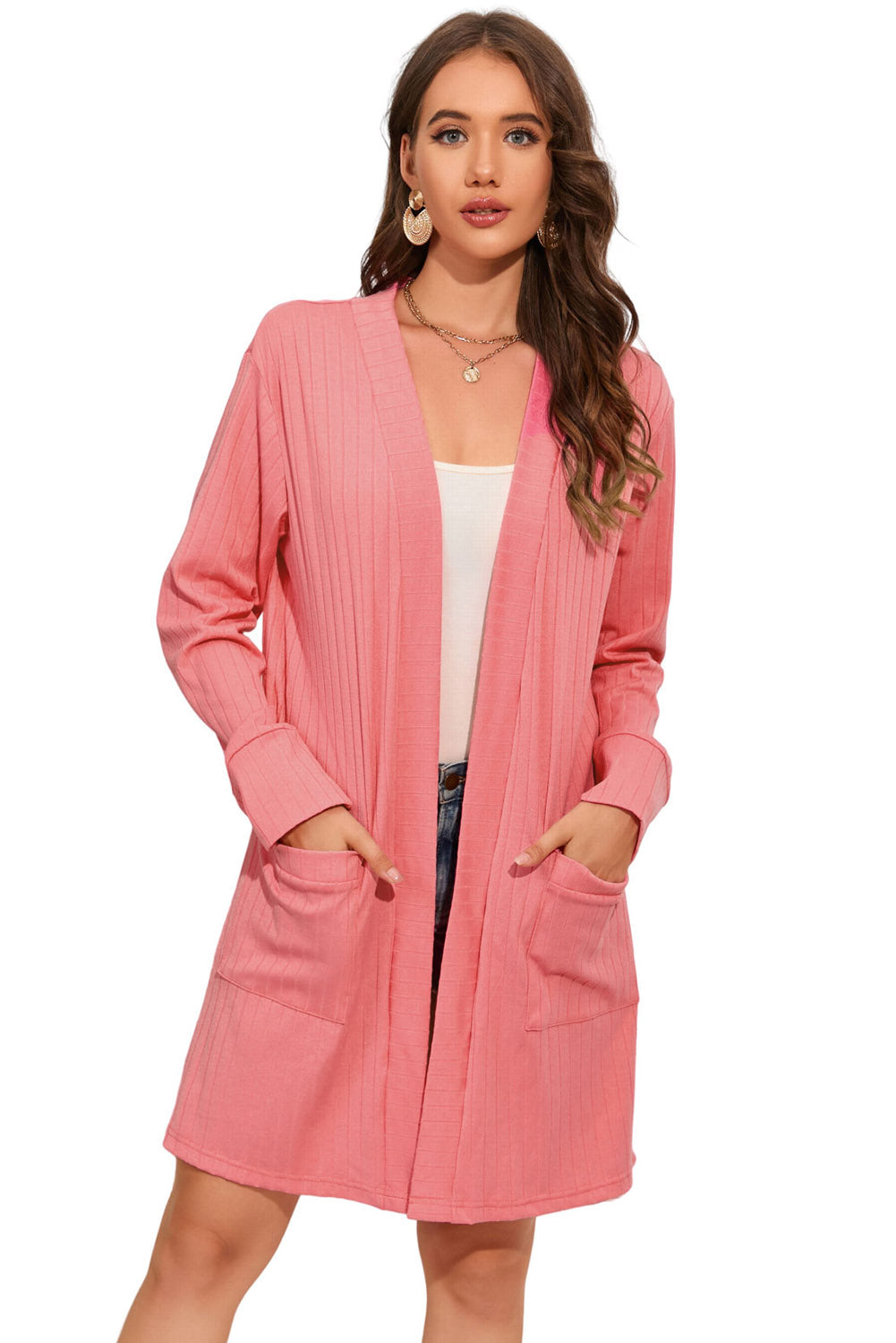 Open Front Long Sleeve Longline Cardigan with Pockets - SHIRLYN.CO