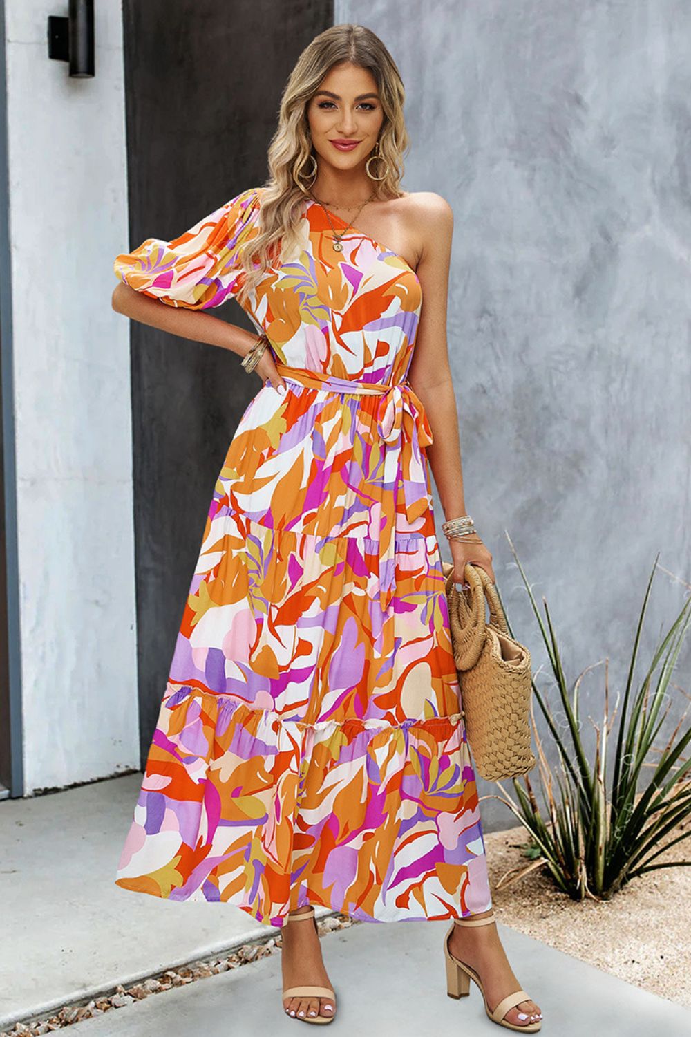 Printed One-Shoulder Tie Belt Maxi Dress - SHIRLYN.CO