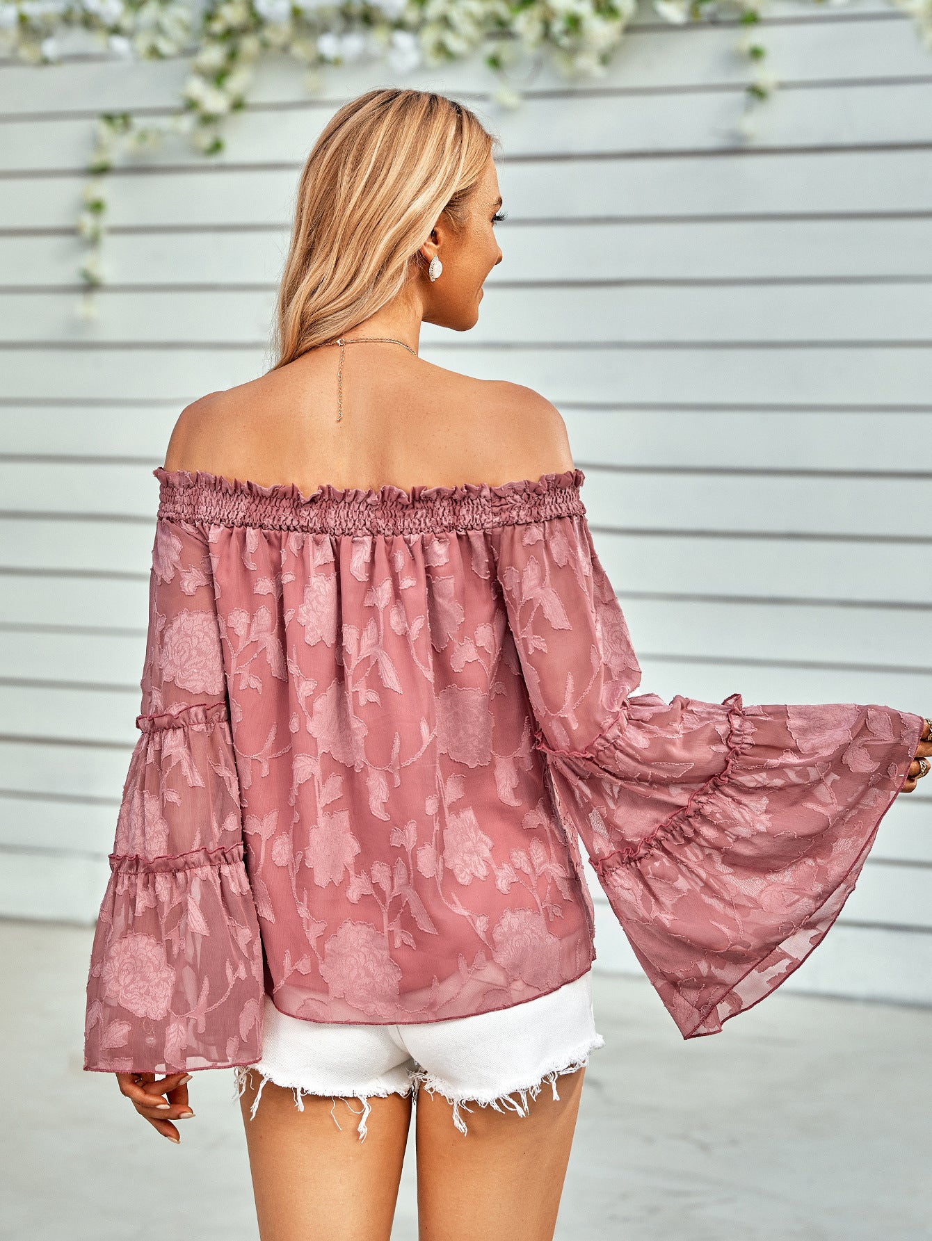 Applique Flounce Sleeve Off-Shoulder Blouse - SHIRLYN.CO