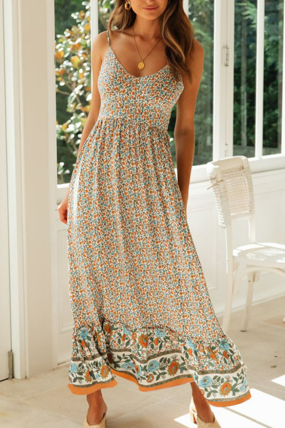 Bohemian Spaghetti Strap Frill Trim Maxi Dress - SHIRLYN.CO