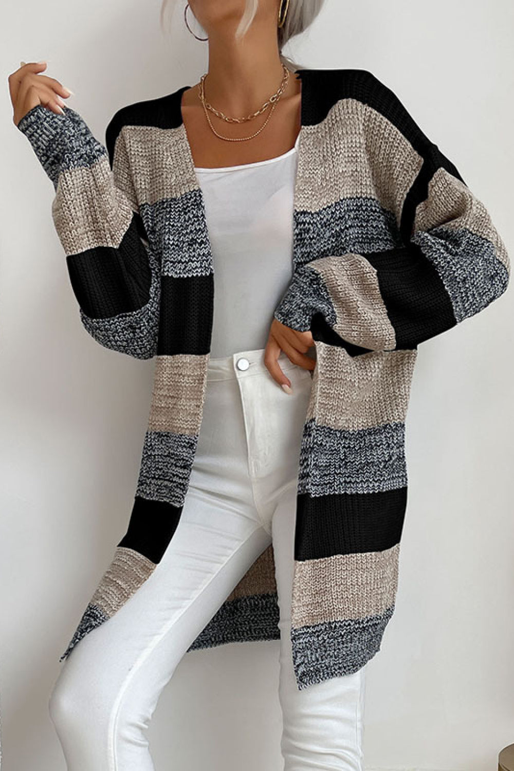 Striped Long Sleeve Duster Cardigan - SHIRLYN.CO