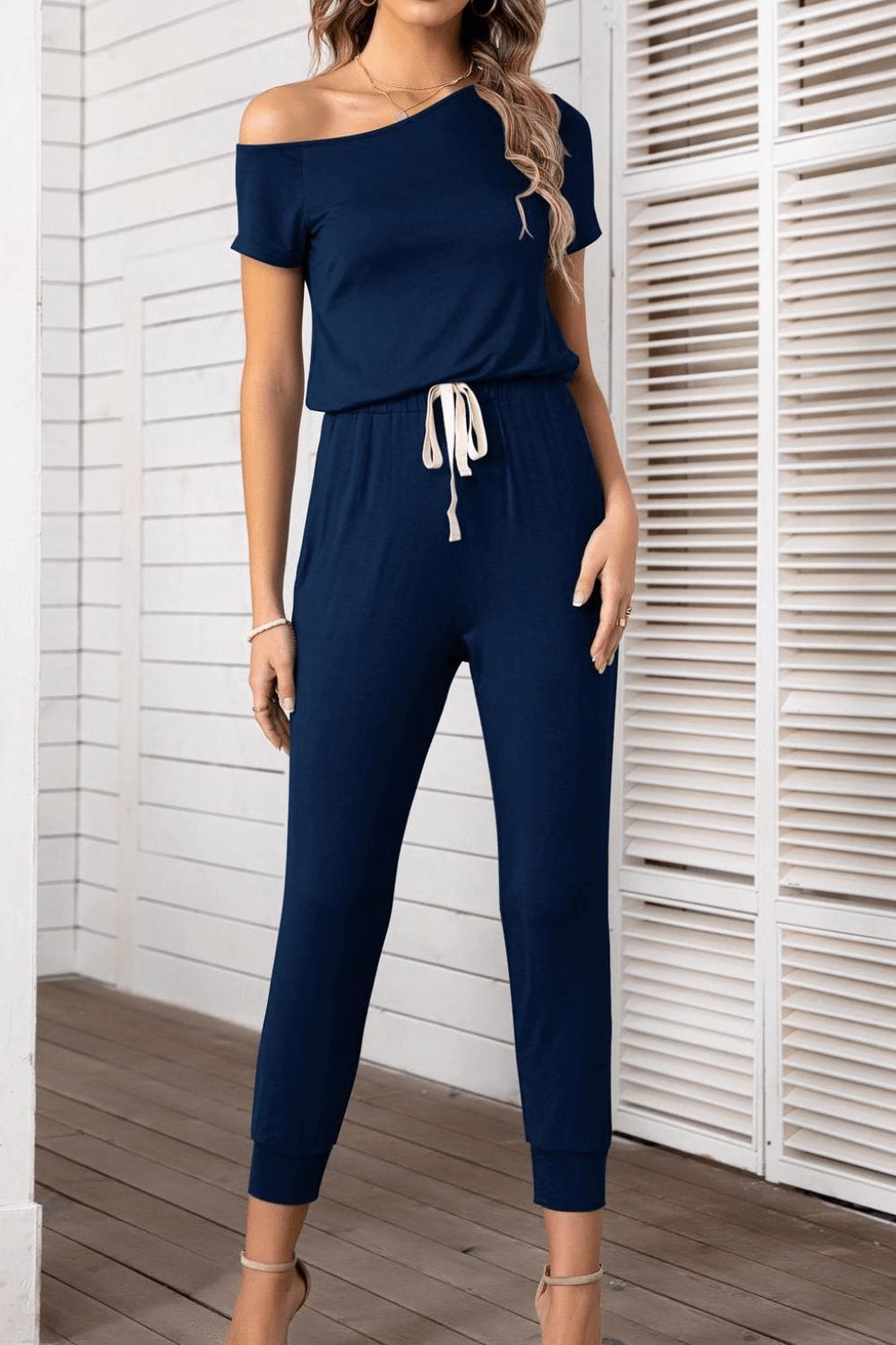 Asymmetrical Neck Short Sleeve Jumpsuit - SHIRLYN.CO